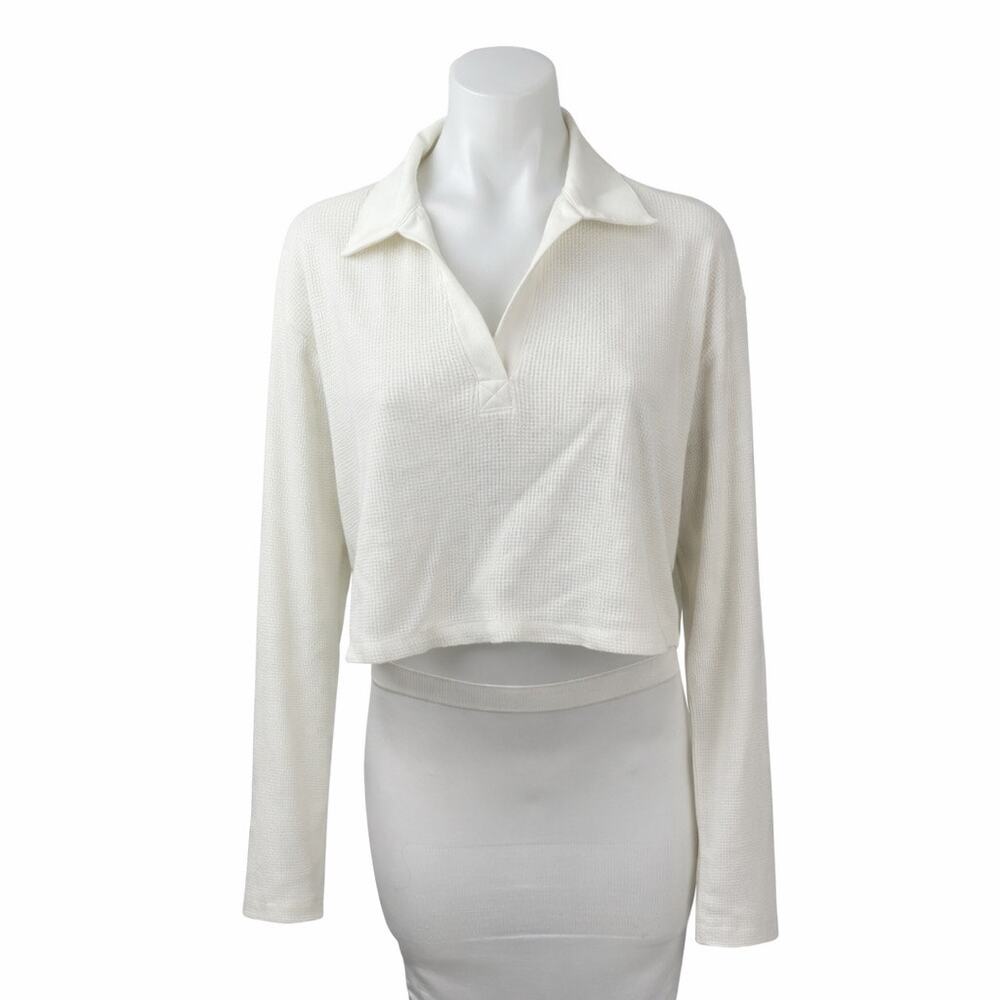 The Range Stark Waffle Womens White Collared Long Sleeve Crop Polo T-Shirt Top S
